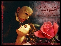 Phantom Of The Opera, maska, napis, Gerard Butler, róża, Emmy Rossum